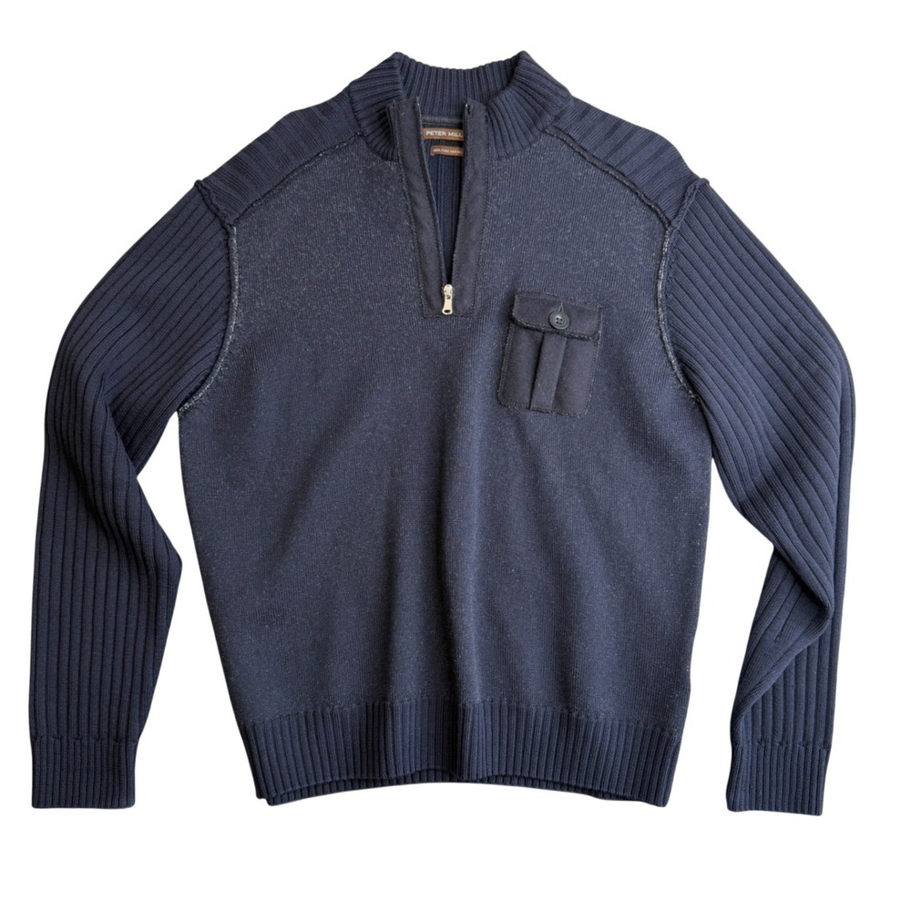 Peter Millar Quarter Zip Sweater Mens L Navy Blue Merino Wool Ribbed Utility Raw